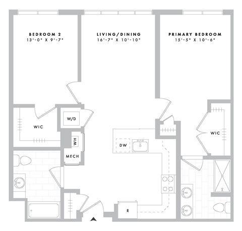 Floor plan for 2 beds, 2 baths, 1018 sqft